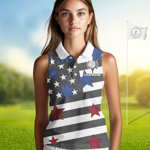 Gray & White American Flag Eagle Women Sleeveless Polo shirt Custom patriotic team ladies golf outfit NQS9798