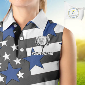 Gray & White American Flag Eagle Women Sleeveless Polo shirt Custom patriotic team ladies golf outfit NQS9798