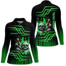 Load image into Gallery viewer, Black and green bowling skull polo, Quarter zip Shirts for women Custom team Bowling jerseys NQS7956