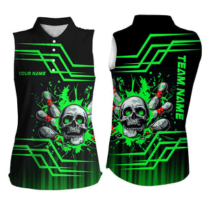 Black and green bowling skull Sleeveless Polo Shirts for women Custom team Bowling jerseys, bowl gifts NQS7956