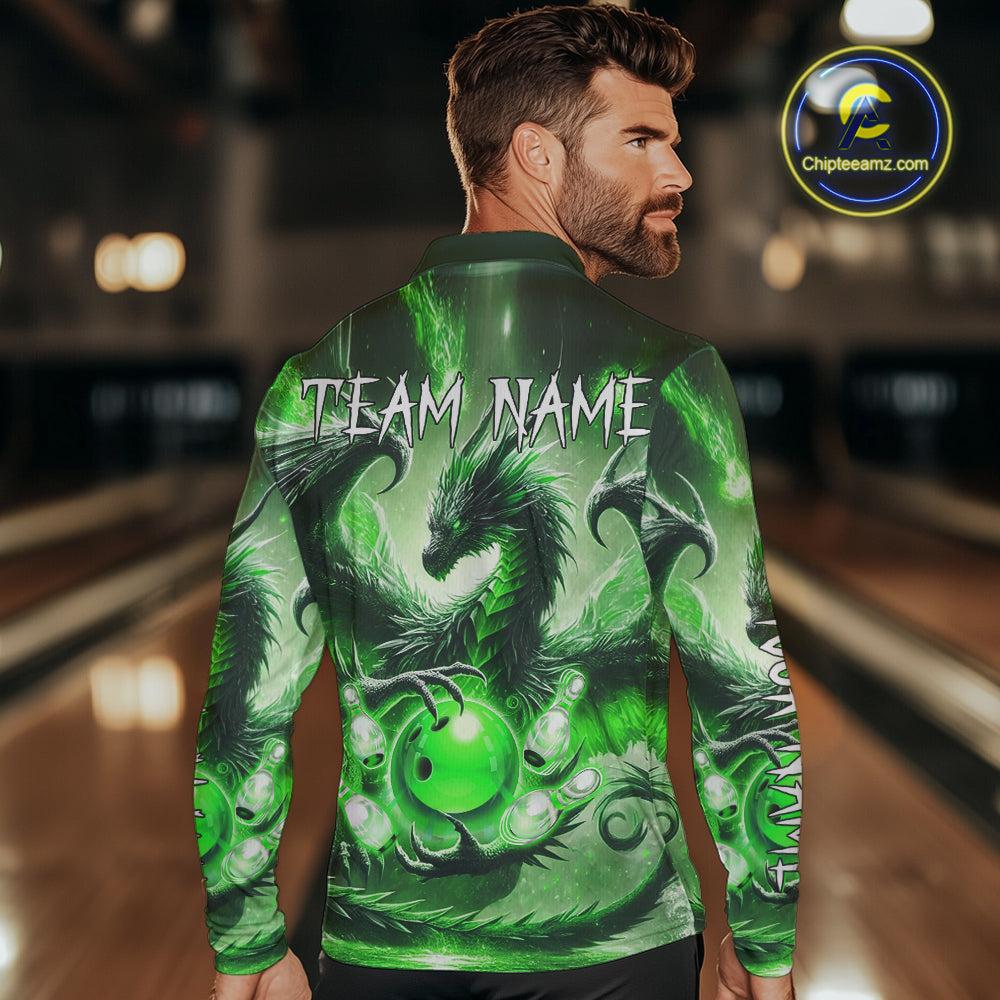 Personalized Green Lights Dragon Mens Bowling Polo, 1/4 Zip Shirt Custom Team Bowling League Jersey NQS10199