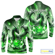 Load image into Gallery viewer, Personalized Green Lights Dragon Mens Bowling Polo, 1/4 Zip Shirt Custom Team Bowling League Jersey NQS10199