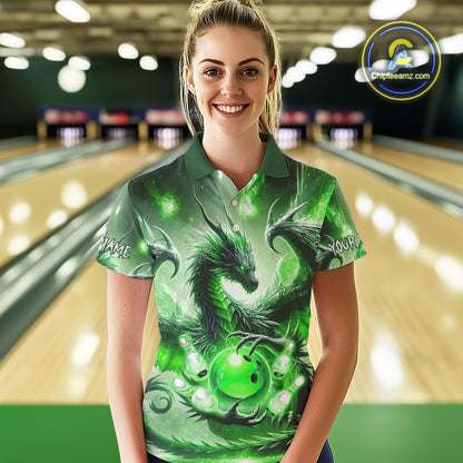 Personalized Green Lights Dragon Women Bowling Polo, 1/4 Zip Shirt Custom Team Bowling League Jersey NQS10199
