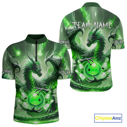 Personalized Green Lights Dragon Mens Bowling Polo, 1/4 Zip Shirt Custom Team Bowling League Jersey NQS10199