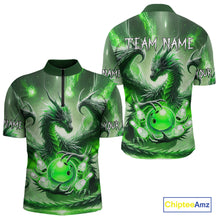 Load image into Gallery viewer, Personalized Green Lights Dragon Mens Bowling Polo, 1/4 Zip Shirt Custom Team Bowling League Jersey NQS10199