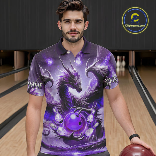 Personalized Purple Lights Dragon Mens Bowling Polo, 1/4 Zip Shirt Custom Team Bowling League Jersey NQS10200