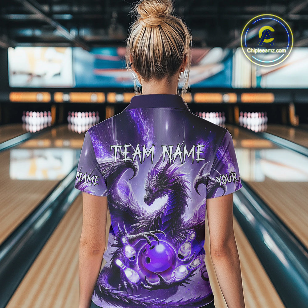Personalized Purple Lights Dragon Women Bowling Polo, 1/4 Zip Shirt Custom Team Bowling League Jersey NQS10200