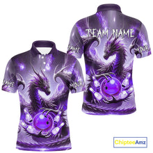 Load image into Gallery viewer, Personalized Purple Lights Dragon Mens Bowling Polo, 1/4 Zip Shirt Custom Team Bowling League Jersey NQS10200