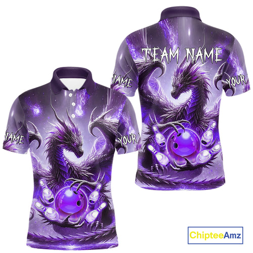 Personalized Purple Lights Dragon Mens Bowling Polo, 1/4 Zip Shirt Custom Team Bowling League Jersey NQS10200