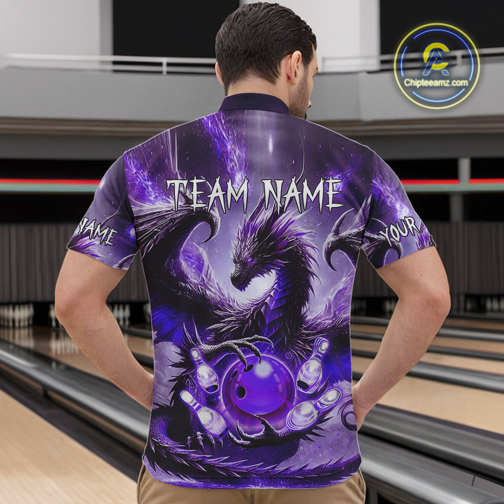 Personalized Purple Lights Dragon Mens Bowling Polo, 1/4 Zip Shirt Custom Team Bowling League Jersey NQS10200