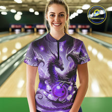 Load image into Gallery viewer, Personalized Purple Lights Dragon Women Bowling Polo, 1/4 Zip Shirt Custom Team Bowling League Jersey NQS10200