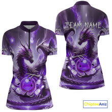 Load image into Gallery viewer, Personalized Purple Lights Dragon Women Bowling Polo, 1/4 Zip Shirt Custom Team Bowling League Jersey NQS10200