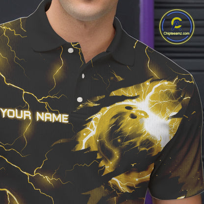 Yellow lightning thunder bowling American flag Eagle custom Mens Bowling Polo, Quarter Zip Shirts NQS10557