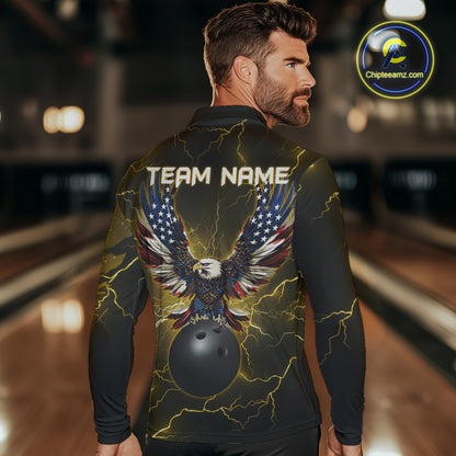 Yellow lightning thunder bowling American flag Eagle custom Mens Bowling Polo, Quarter Zip Shirts NQS10557