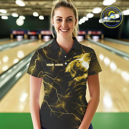 Yellow lightning thunder bowling American flag Eagle custom Womens Bowling Polo, Quarter Zip Shirts NQS10557