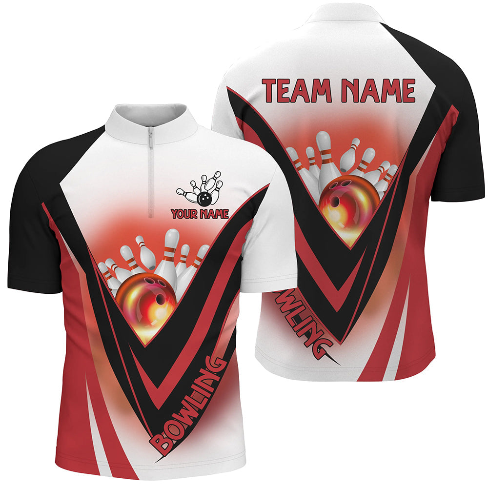 Red Light Bowling Polo, 1/4 zip Shirts For Men Custom Bowling Team League Jersey, bowling clothes mens NQS8584