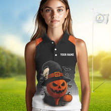 Load image into Gallery viewer, Black &amp; Orange Funny pumpkin Golf Ball Women Sleeveless polo shirt Custom Halloween ladies golf wear NQS10778