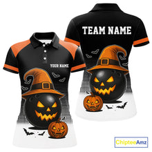 Load image into Gallery viewer, Black and Orange Funny Halloween Bowling Polo, 1/4 Zip Shirts For Women Custom team Bowling jersey NQS10780