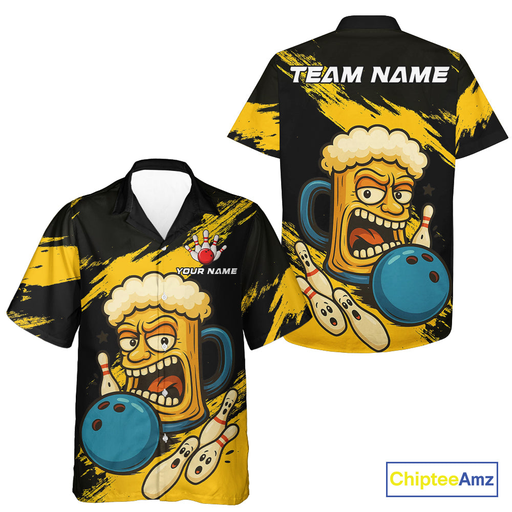 Black And Yellow Funny Beer Bowling Hawaiian Shirt Custom Angry Beer Glass Bowling Shirts NQS10784
