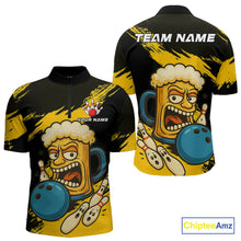 Load image into Gallery viewer, Black And Yellow Funny Beer Bowling Men Polo, 1/4 Zip Shirts Custom Angry Beer Glass Bowling Jersey NQS10784