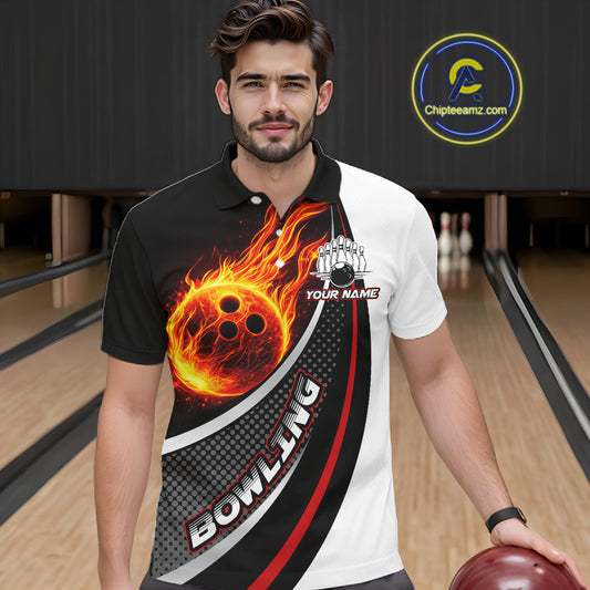 Personalized Black & White Red Flame Bowling Polo, 1/4 zip Team Shirts For Men, Gifts For Bowlers NQS11358