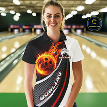 Load image into Gallery viewer, Personalized Black &amp; White Red Flame Bowling Polo, 1/4 zip Team Shirts For Women, Gifts For Bowlers NQS11358