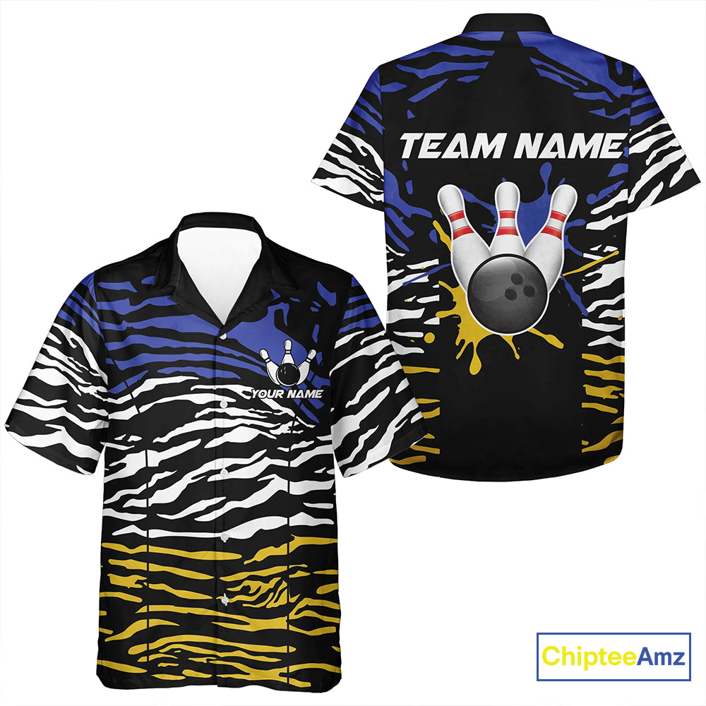 Blue, Yellow and White Tiger Skin Pattern Hawaiian bowling shirt Custom Bowling Team Button up shirt NQS9803