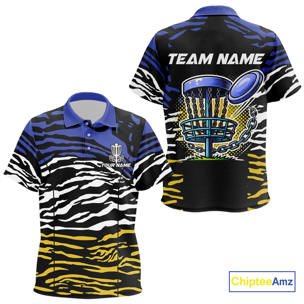 Blue, Yellow and White Tiger Skin Pattern Kid Disc golf polo shirt Custom team disc golf jerseys NQS9804