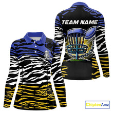 Load image into Gallery viewer, Blue, Yellow and White Tiger Skin Pattern Women Disc golf polo shirts Custom team disc golf jerseys NQS9804