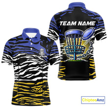 Load image into Gallery viewer, Blue, Yellow and White Tiger Skin Pattern Mens Disc golf polo shirts Custom team disc golf jerseys NQS9804