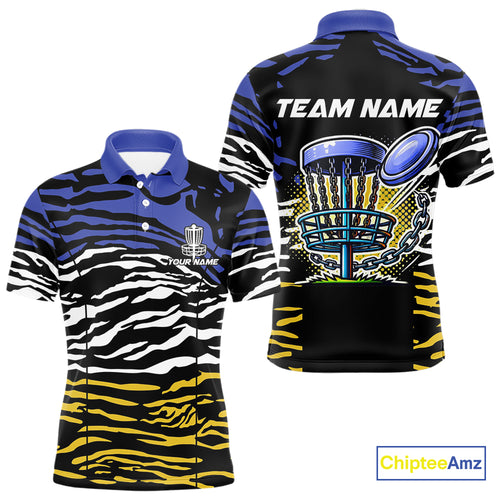 Blue, Yellow and White Tiger Skin Pattern Mens Disc golf polo shirts Custom team disc golf jerseys NQS9804