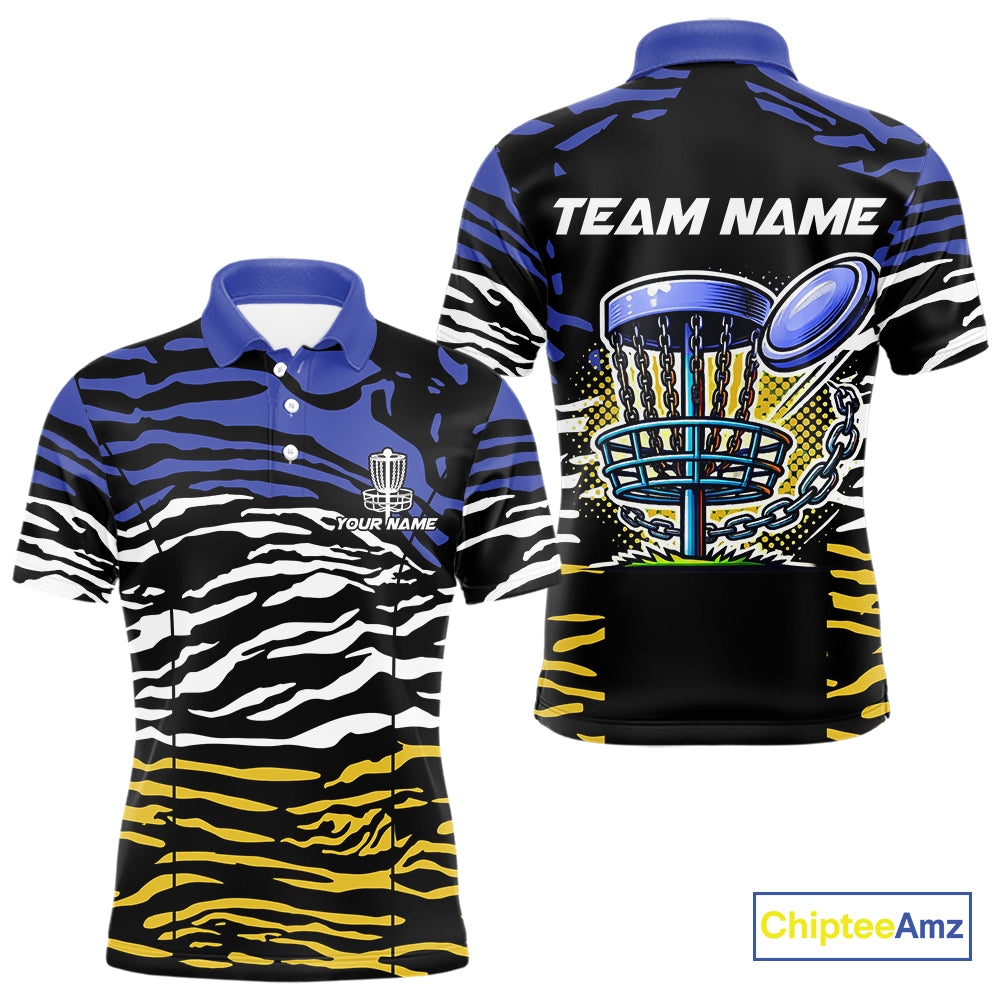 Blue, Yellow and White Tiger Skin Pattern Mens Disc golf polo shirts Custom team disc golf jerseys NQS9804