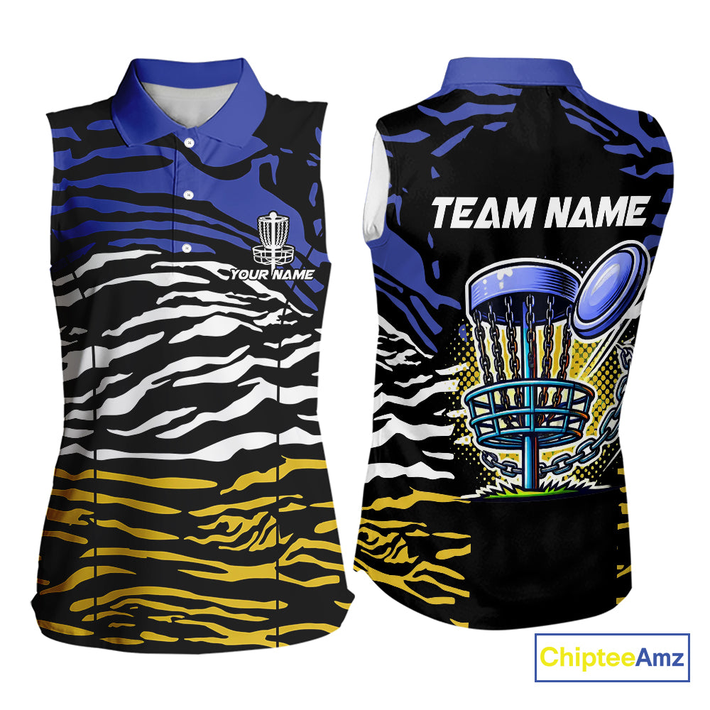 Blue, Yellow and White Tiger Skin Pattern Womens sleeveless polo shirt Custom team disc golf jerseys NQS9804