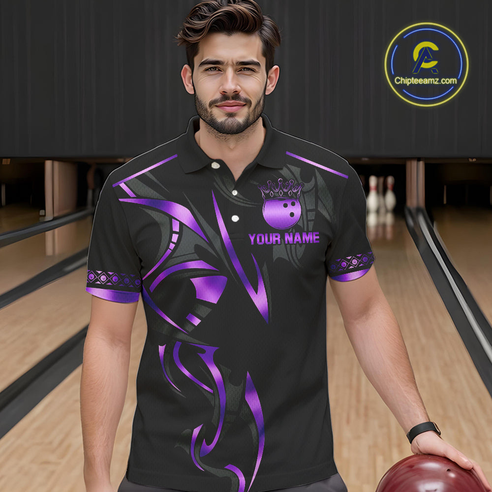 Black and Purple crown Bowling ball Polo, Quarter Zip Shirts for Men Custom Bowling Team jerseys NQS10046