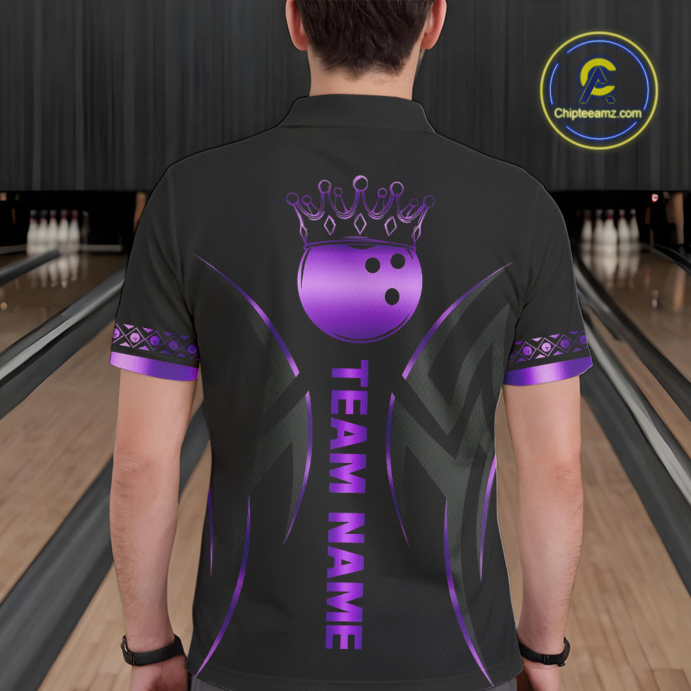 Black and Purple crown Bowling ball Polo, Quarter Zip Shirts for Men Custom Bowling Team jerseys NQS10046