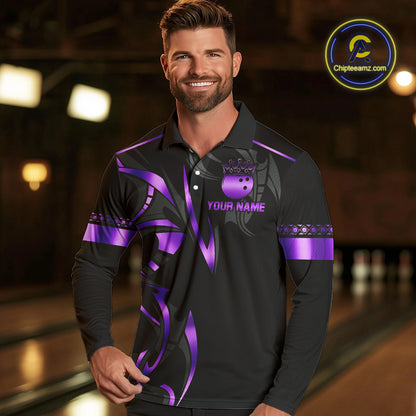 Black and Purple crown Bowling ball Polo, Quarter Zip Shirts for Men Custom Bowling Team jerseys NQS10046
