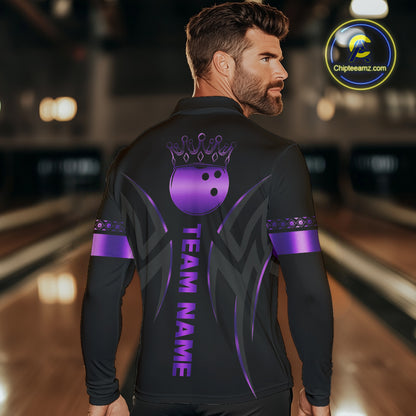 Black and Purple crown Bowling ball Polo, Quarter Zip Shirts for Men Custom Bowling Team jerseys NQS10046