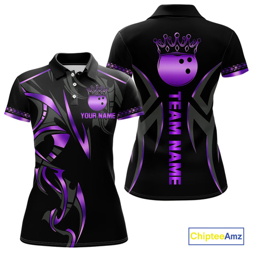 Black and Purple crown Bowling ball Polo, Quarter Zip Shirts for Women Custom Bowling Team jerseys NQS10046