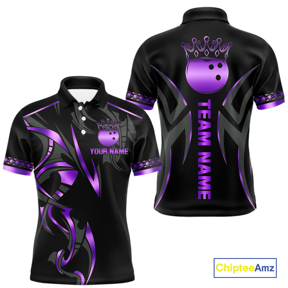 Black and Purple crown Bowling ball Polo, Quarter Zip Shirts for Men Custom Bowling Team jerseys NQS10046