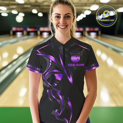 Black and Purple crown Bowling ball Polo, Quarter Zip Shirts for Women Custom Bowling Team jerseys NQS10046