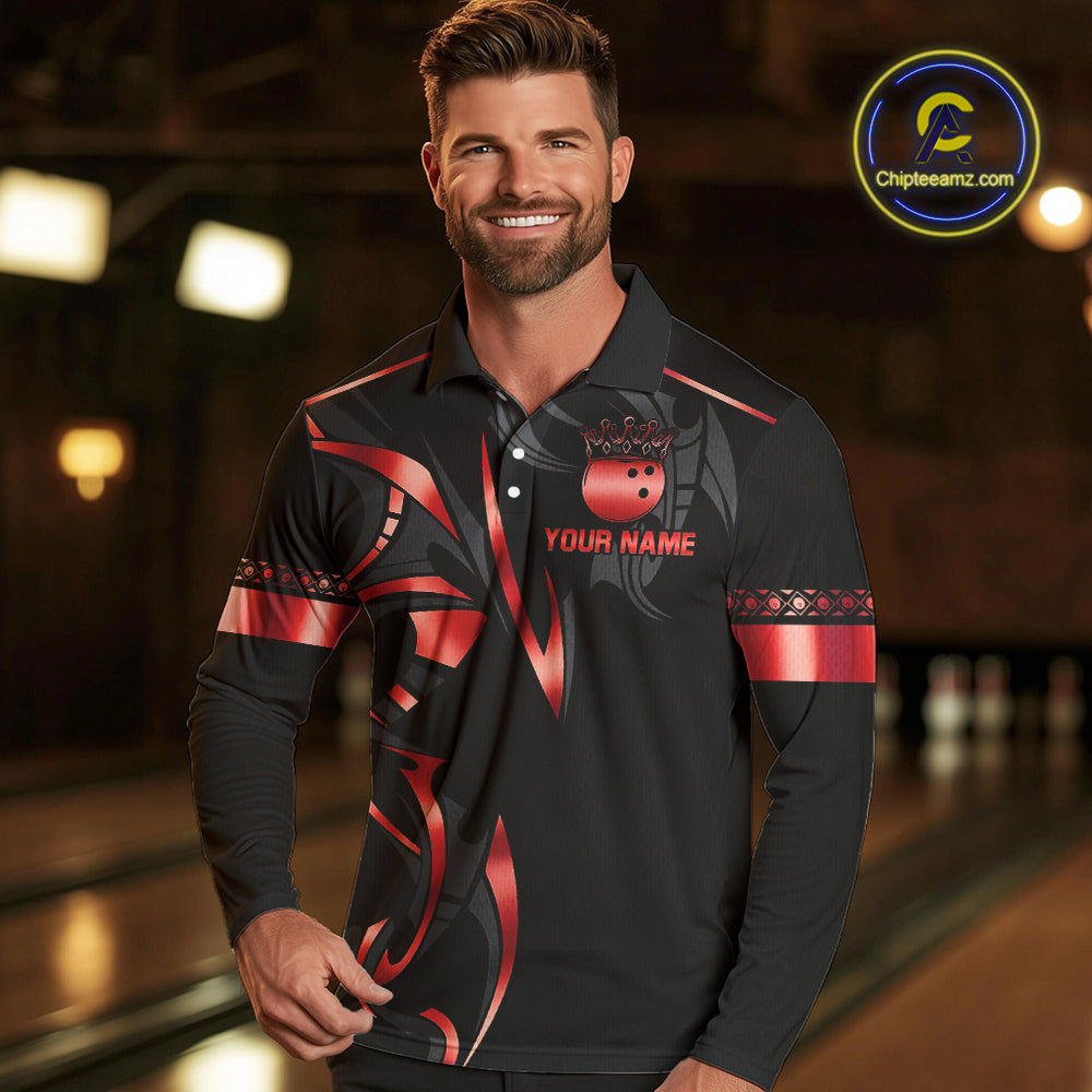 Black and Red crown Bowling ball Polo, Quarter Zip Shirts for Men Custom Bowling Team jerseys NQS10047