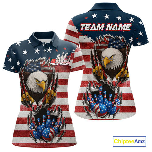 Vintage American Flag Eagle Bowling Polo,1/4 Zip Shirt for Women Custom Patriotic Team Bowling Jersey NQS10569