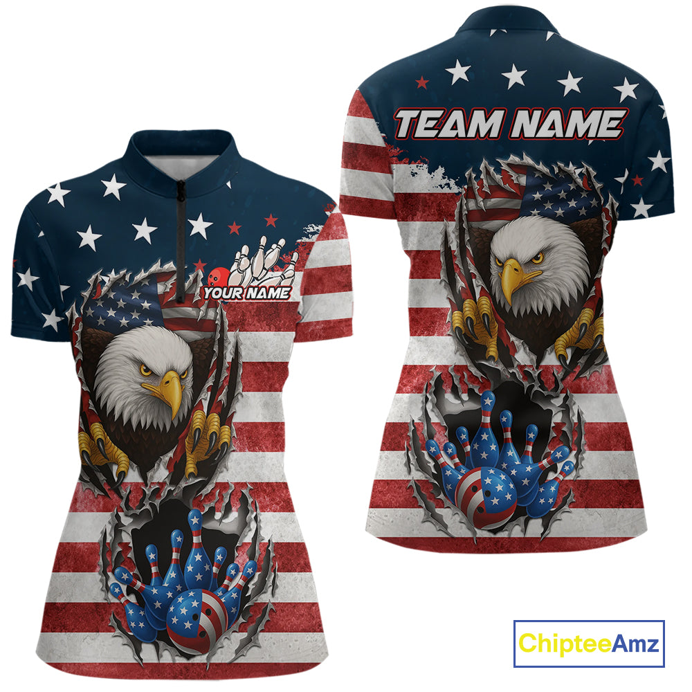 Vintage American Flag Eagle Bowling Polo,1/4 Zip Shirt for Women Custom Patriotic Team Bowling Jersey NQS10569