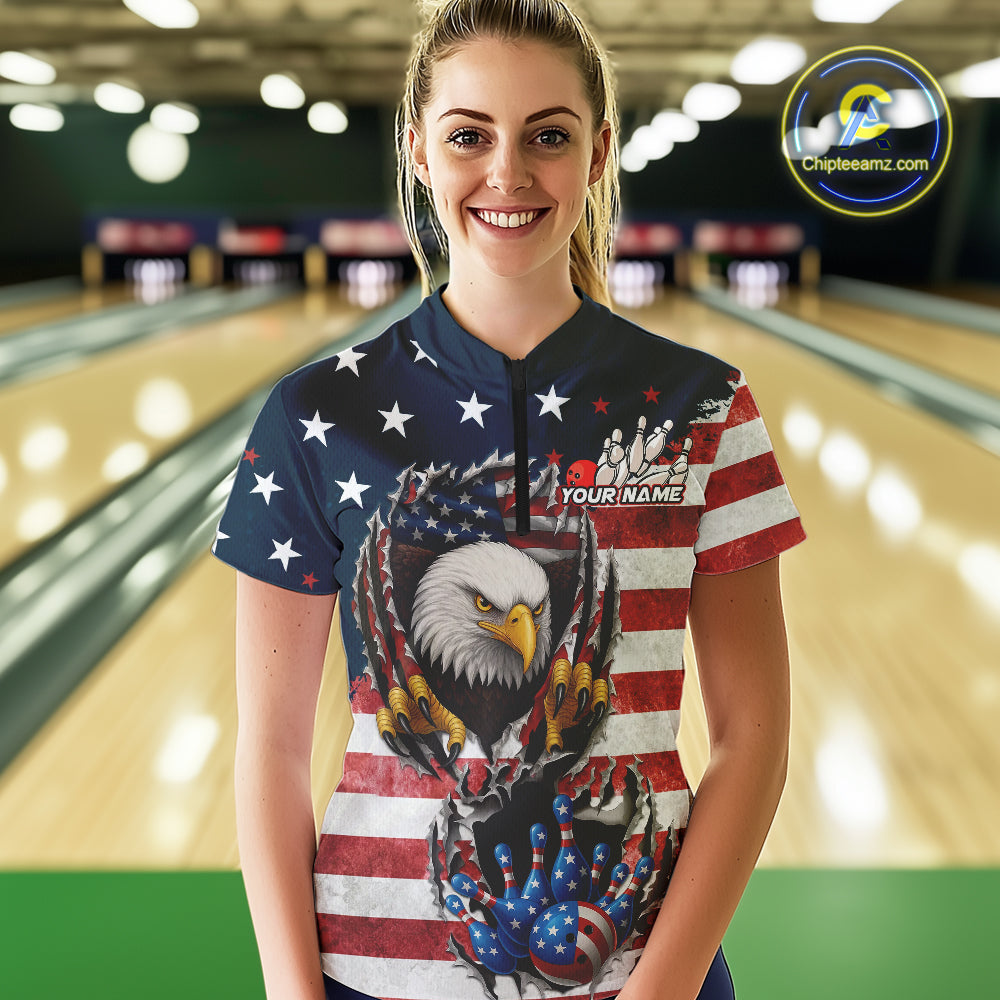 Vintage American Flag Eagle Bowling Polo,1/4 Zip Shirt for Women Custom Patriotic Team Bowling Jersey NQS10569