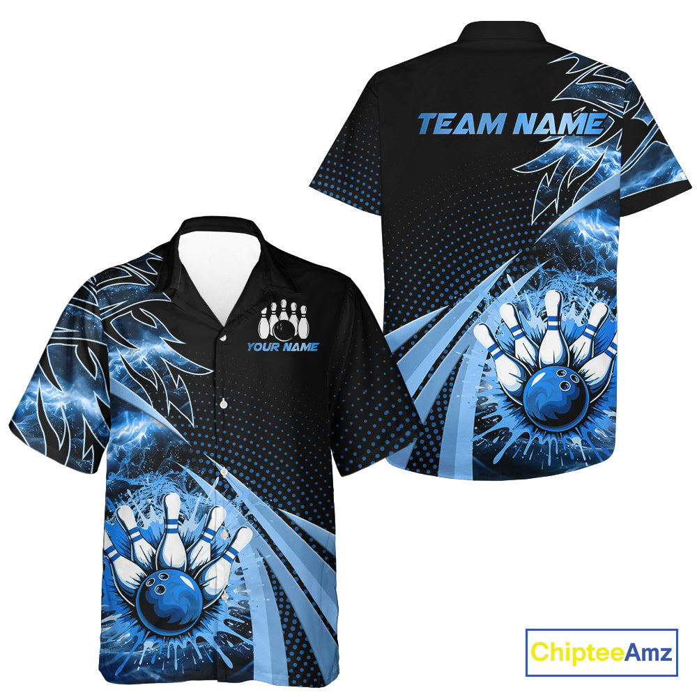 Black and Blue Bowling Hawaiian Shirt Custom Team Bowling Button Up Shirt, Gift For Bowlers NQS10786