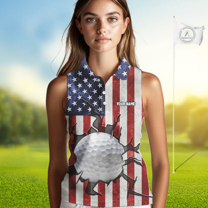 Vintage American Flag broken golf ball Women Sleeveless polos Custom patriotic Ladies Golf attire NQS10051