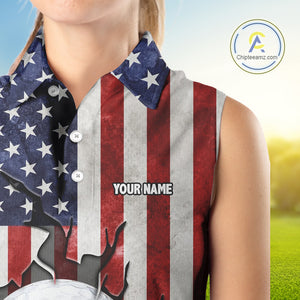 Vintage American Flag broken golf ball Women Sleeveless polos Custom patriotic Ladies Golf attire NQS10051