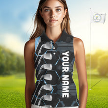 Load image into Gallery viewer, Blue and Black golf clubs Women sleeveless polos custom golf outfit ladies, personalized golf gifts NQS10212