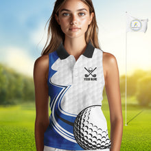 Load image into Gallery viewer, Blue &amp; white golf ball sleeveless golf polo shirts custom name golf gifts for Women NQS10214