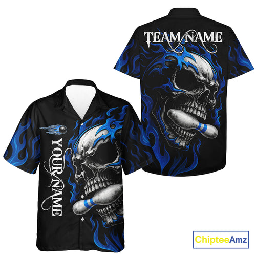 Custom Black and Blue Flame Skull Bowling Hawaiian Shirt, Personalized Skull Team Bowling Jersey NQS10574